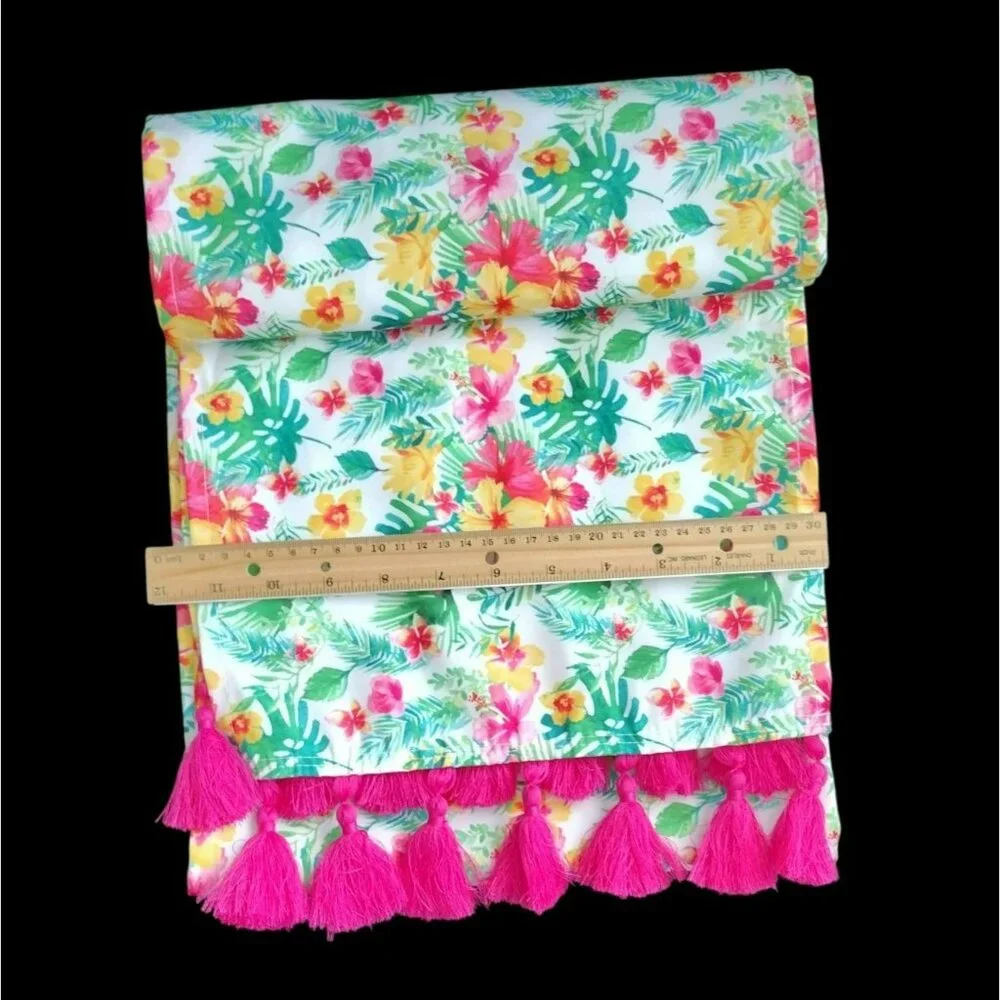 Table Runner with Tassels, Pink Green Wildflower Garden, Colorful Floral 12x72
